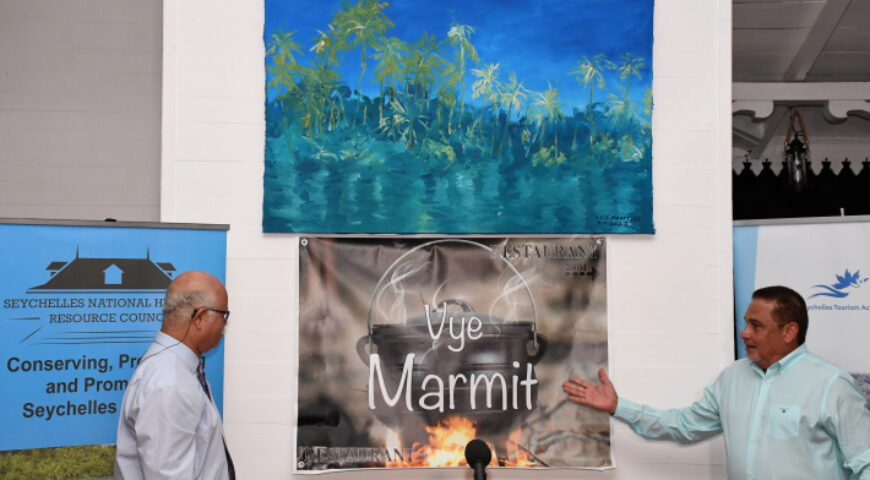 Minister Radegonde (right) and Mr Andre after unveiling the commemorative logo ‘Vye Marmit’